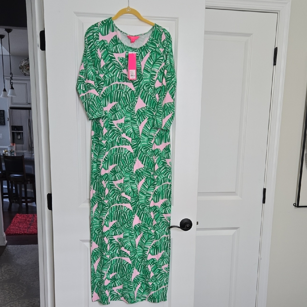 Green and Pink Leaf Print Maxi Dress